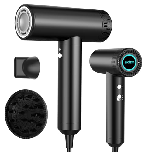 High Speed Metal Hair Dryer with Diffuser & Nozzle - 110,000 RPM Brushless Motor, Negative Ions, Travel-Friendly
