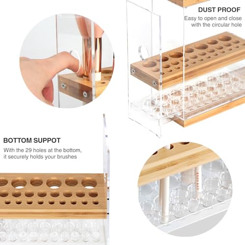 Transparent Acrylic & Bamboo Brush Holder Organizer with Leather Drawer - 31 Holes