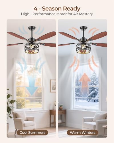52 Inch Ceiling Fan with Lights and Remote - Dual Finish Blades, Quiet Reversible Motor, Flush Mount for Living Room, Kitchen & Porch
