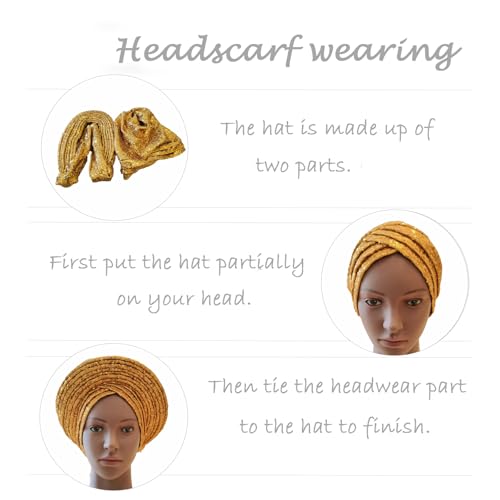 African Ladies Headscarf with Sequins and Shiny Auto Gele Head Tie - Gold Pack of 1