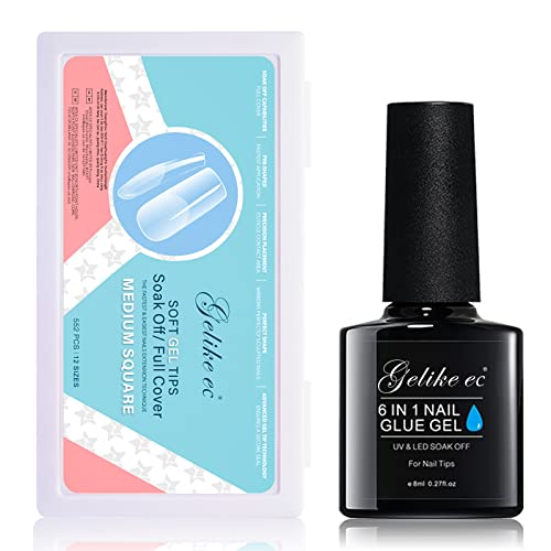 Gelike EC Medium Square Soft Gel Full Cover Tips Kit with 6 in 1 Nail Glue Gel