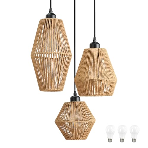 3-Light Rattan Pendant Light - Hand Woven Boho Chandelier, Adjustable Wicker Fixture - A Style