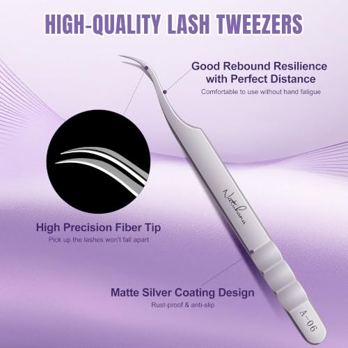 NATUHANA High Precision Lash Tweezers Set A-08+06+03+01+02 – Straight, Curved & Volume Fiber Tips