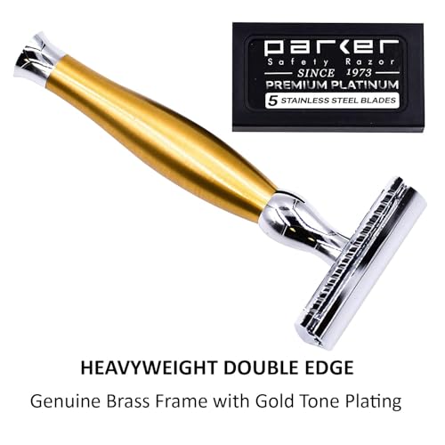 Parker 48R Heavyweight 3-Piece Double Edge Razor ? Matte Gold Finish with 5 Premium Platinum Double Edge Razor Blades - Delivers a Barber Shop Quality Shave