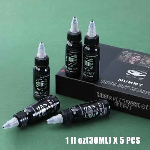 Mummy Greywash Tattoo Ink Set - 5 Natural Water-Based Pigment Bottles for Artists