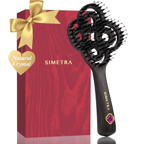 Simetra Detangler Hair Brush for Women & Men - Brown-Purple, Natural Boar Bristles, Crystal & Gold Finish