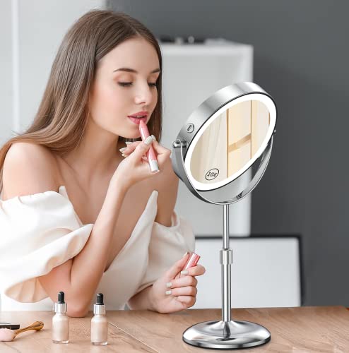 Gospire 7-Inch Lighted Makeup Mirror with 1X/10X Magnification, Silver, Height Adjustable