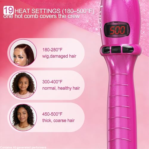 Pink Electric Hot Comb 180-500°F with Adjustable Temperature for Wigs & Hair Styling