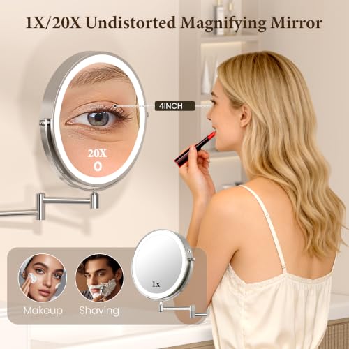 Wall Mounted Lighted Makeup Mirror with 20X Magnification, Rechargeable LED Lights & Extendable Arm
