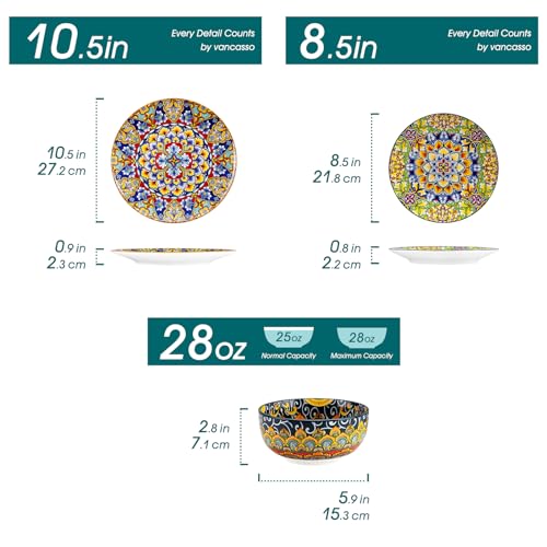 Vancasso Bohemian Style Dinnerware Set for 4 - 12 Pieces, Plates & Bowls, Microwave & Dishwasher Safe