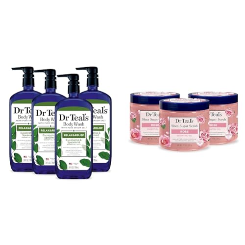 Dr Teal's Body Wash (Pack of 4) & Shea Sugar Body Scrub (Pack of 3) with Eucalyptus, Spearmint & Rose