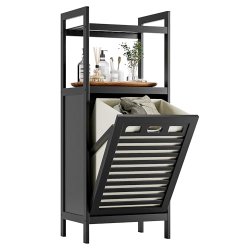 Tilt Out Laundry Hamper Cabinet - Bamboo Bathroom Storage with Removable Bag & Shelves - Black