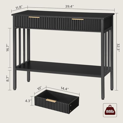 MAHANCRIS 39.4-Inch Black Fluted Console Table with 2 Drawers, Entryway Storage