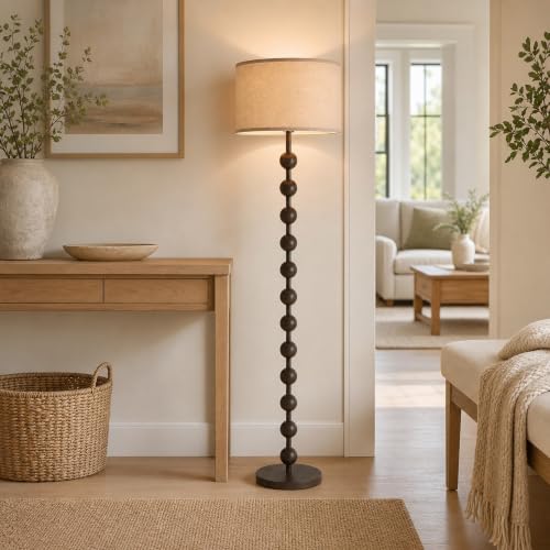 Fetason 63-Inch Modern Farmhouse Dimmable Floor Lamp with Remote Control - Black & Brown Wood Pattern