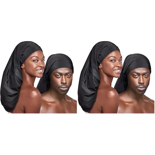 Red by Kiss Unisex Silky Spandex Loc Cap, Dreadlocks & Braids Cap, Shower Cap, Sleep Cap, Black (Super Jumbo) (Pack of 2)