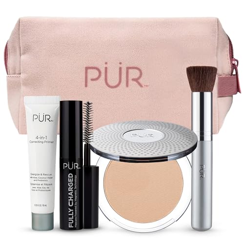 P?R Minerals Multitasking Essentials Kit - Makeup Gift Set Includes 4-in-1 Correcting Primer, Fully Charged Mascara, 4-in-1 Pressed Mineral Powder & 1 Chisel Brush