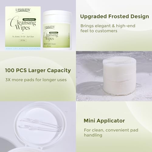 LASHVIEW Makeup Wipes Remover Gentle Eye Makeup Remover Pads Korean Micellar Water Cleansing Wipes, Biodegradable & Oil-Free for Face, Eyes, Sensitive Skin with Applicator, 100ct