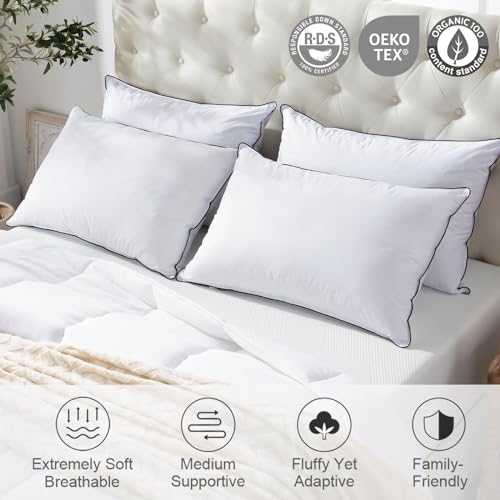 White King Size Goose Feather Down Pillows Set of 2 - Firm Support for Side Sleepers