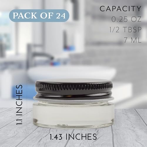 Glass Lip Balm Jars Set of 24 - 7ml Clear Containers with Black Lids