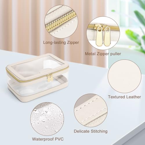 Soimeat L / Off-White Travel Clear Makeup Bag with Brush Organizer, Waterproof Cosmetic Case, Portable Women’s Toiletry Storage