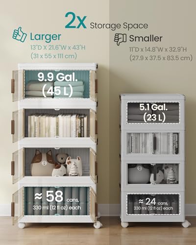 SONGMICS 48QT Stackable Storage Bins with Lid - White, 4-Tier Foldable Organizer