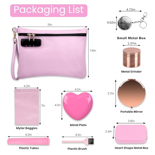 Smell Proof Bag with Combination Lock and 8 Accessories - Pink Travel Organizer