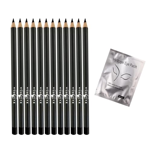 Italia Deluxe 12 pcs Eyeliner Pencil, Ultra Fine, Creamy, High-pigmented, Long-lasting + Hydrogel Eye Patch for Lash Extensions (Black)
