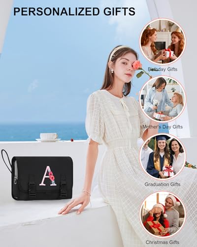 Relavel Hanging Toiletry Bag with Initials - Black Travel Organizer