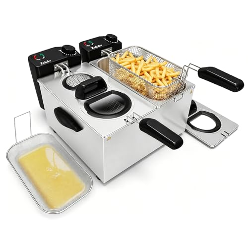 ZALUKV 7.4QT Dual Tank Electric Deep Fryer with Oil Filtration & Viewing Window