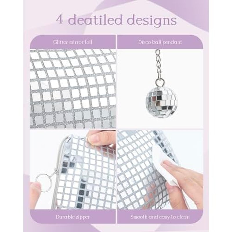 12 Pack Disco Ball Makeup Bag - Disco Party Decorations and Favors, Sequin Mirror Cosmetic Bag for Women