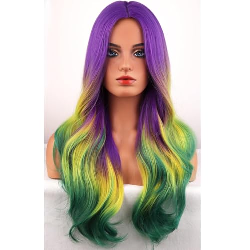 BERON Ombre Purple Yellow Green Long Wavy Heat-Resistant Synthetic Wig for Cosplay & Parties