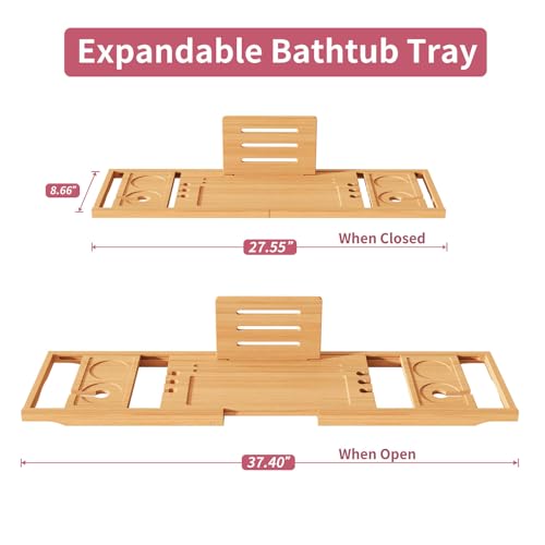 Wooden Bathtub Caddy Tray with Adjustable Slots for Wine Phone Candle Spa