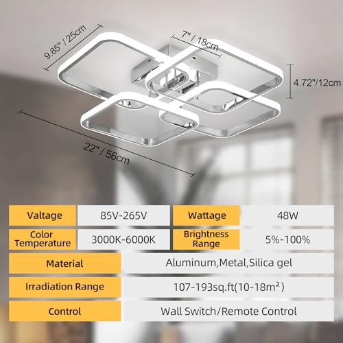 Dimmable Modern LED Ceiling Light with 4 Square Rings - Chrome Finish, 48W, Remote Control