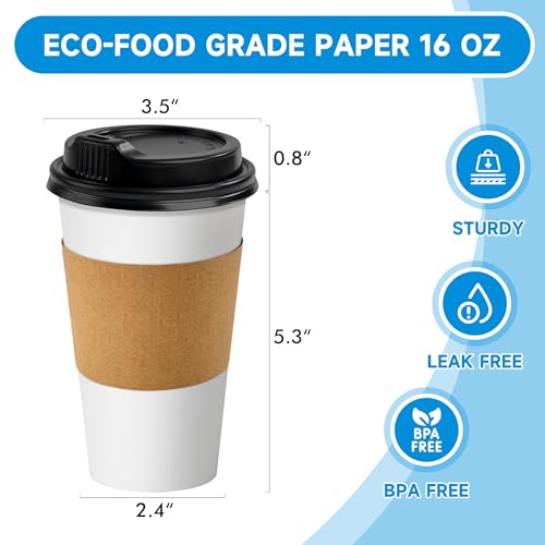 16 oz Disposable Coffee Cups with Lids & Sleeves - 500 Pack, Hot Drink Takeout