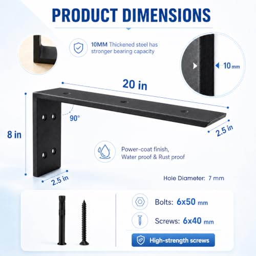 Heavy Duty Countertop Support Brackets 20 Inch x 8 Inch Black 4 Pack - Hidden L Shelf Brackets for Quartz Granite Wood Concrete Laminate