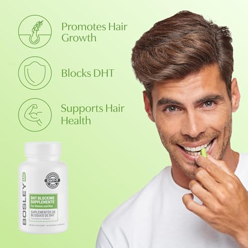 Men & Women DHT Blocking Hair Supplement - 60 Vegan Capsules, Thicker Fuller Hair, DHT-7 Blend, BosleyMD