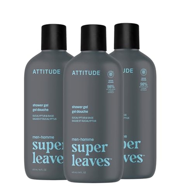 ATTITUDE Shower Gel Body Wash for Men, 98% Natural Origin Ingredients, Paraben & Phthalate Free, EWG Verified, Cleanses Without Drying, Eucalyptus & Sage, 14 Fl Oz (Pack of 3)