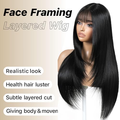 Black 26-Inch Layered Wig with Bangs for Women - Natural Straight Style