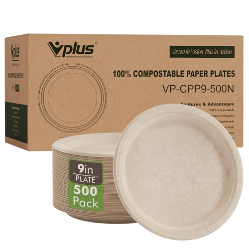 Vplus 500 Pack 9-Inch Compostable Sugarcane Fiber Plates Eco-Friendly Durable Dinnerware