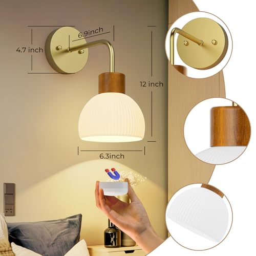 Glass Battery Operated Wall Sconces Set of 2 - Gold, Rechargeable, Dimmable with Remote & Timer
