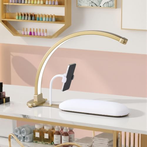 Nail Desk Lamp with Arm Rest - Shadow-Free Half Moon Light, Dimmable, Gold