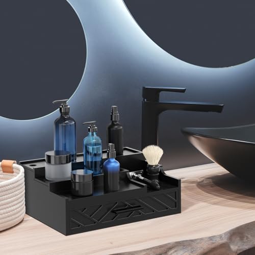 Cologne Organizer for Men, 3 Tier Perfume Stand With Drawer Hidden Compartment and Lining, Wood Display Holder for Watch Jewelry, Black, Great Gifts for Christmas