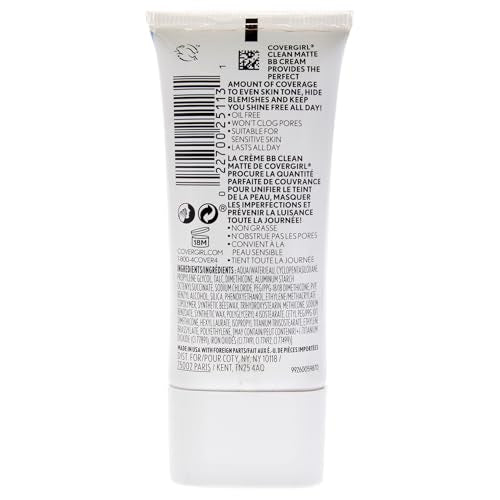 COVERGIRL - Clean Matte BB Cream, Oil-Free, Long-Lasting, Sensitive Skin, Lightweight, 100% Cruelty-Free