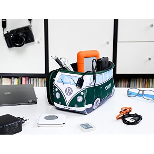 BRISA VW Collection - Volkswagen Neoprene Universal Makeup Cosmetics Toiletry Travel Pharmacy Bag in T1 Bus Design (Police/Green) (Large (11.8 x 5.5 x 4.7 inches))