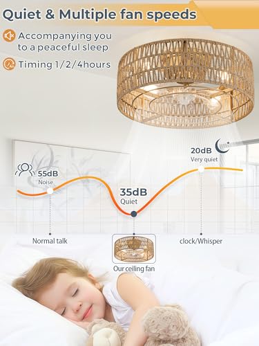 Gold Boho Ceiling Fan with Lights & Remote Control - Flush Mount, 7 Blades