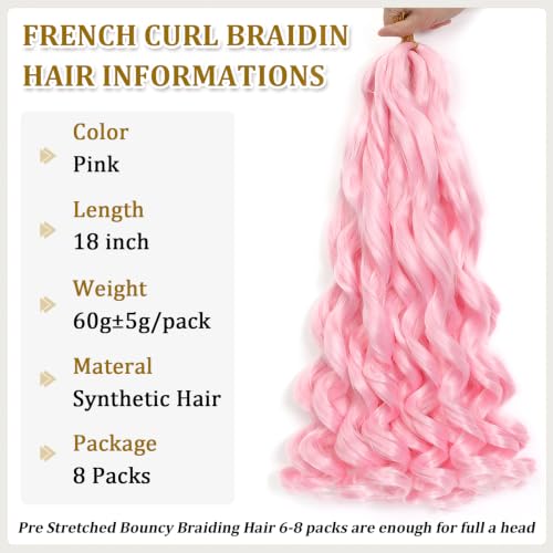 Suyiapiy Pink 18 Inch French Curl Braiding Hair 8 Packs for Crochet & Styles