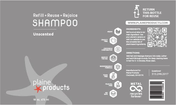 Eco-Friendly Unscented Vegan Shampoo - Refillable Aluminum Bottle - 16oz