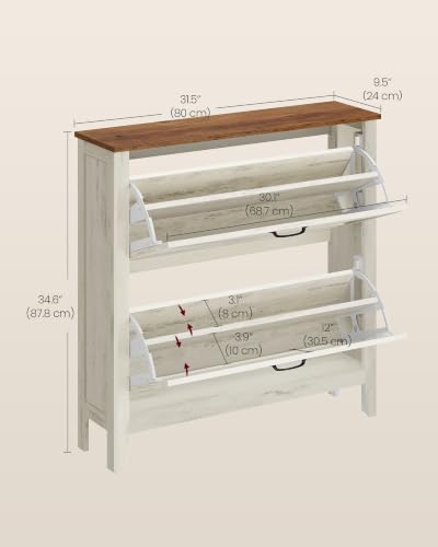 VASAGLE Farmhouse Shoe Cabinet Narrow Storage Organizer with 2 Flip Drawers - Rustic White, 9.4 x 34.3 x 34.6 inches