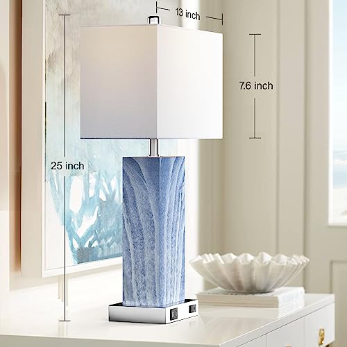 Blue Touch Control Bedside Table Lamp Set of 2 with USB & Outlet, 3-Way Dimmable, Modern Ceramic Nightstand Lamps with Fabric Shade