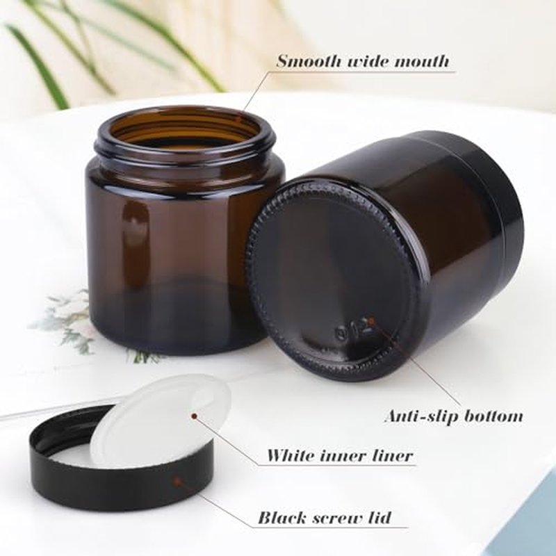 4Pcs 100g/3.4oz Amber Round Glass Jars Brown Facial Cream Packaging Pot Leak Proof Cosmetic Bottles with Plastic Inner Liners and Lids for Balm,Lotion,Aloe Gel,Body Scrub